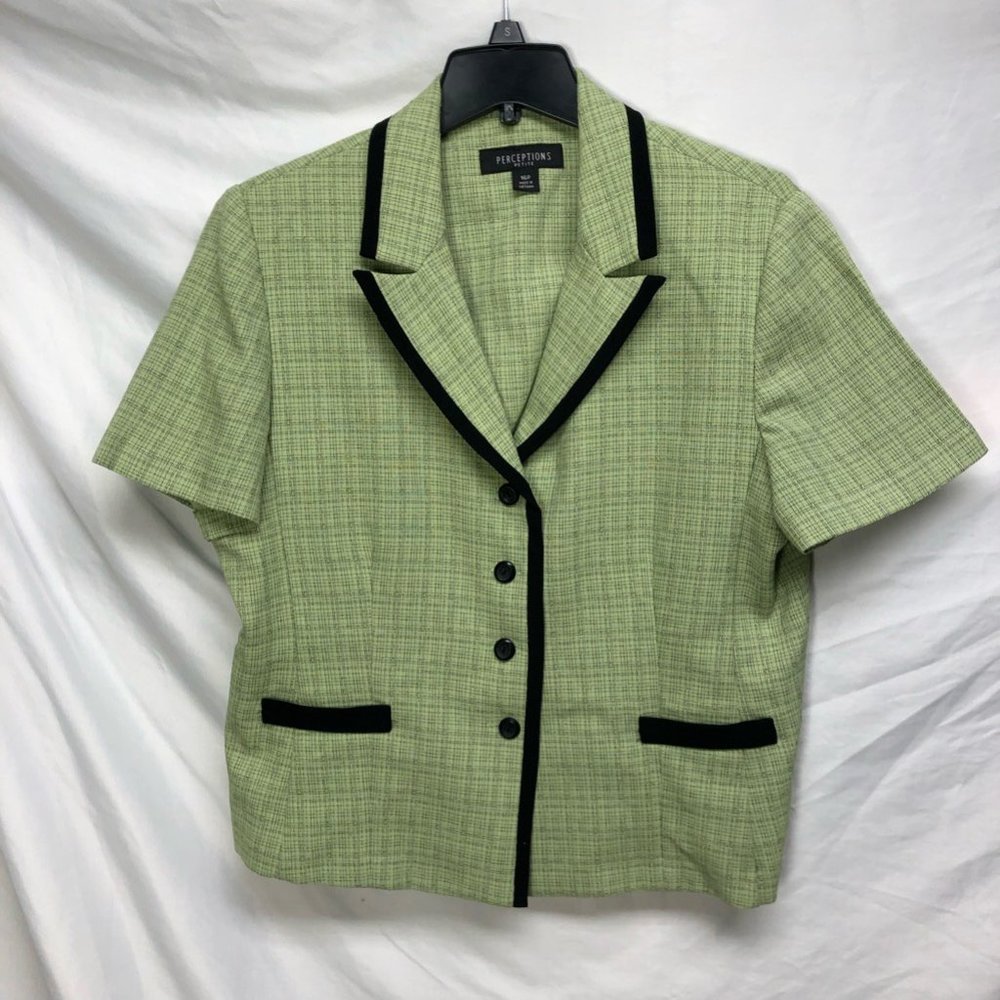 Perceptions Womens Suit Jacket Blazer Green Black Plaid Short Sleeve Petites 16P
